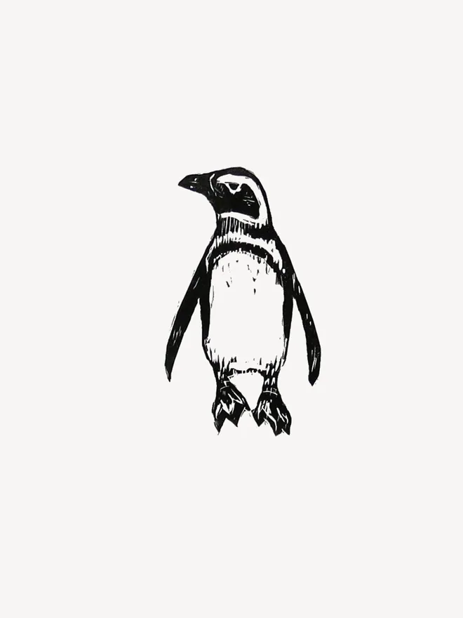 Penguin wood engraving print close up