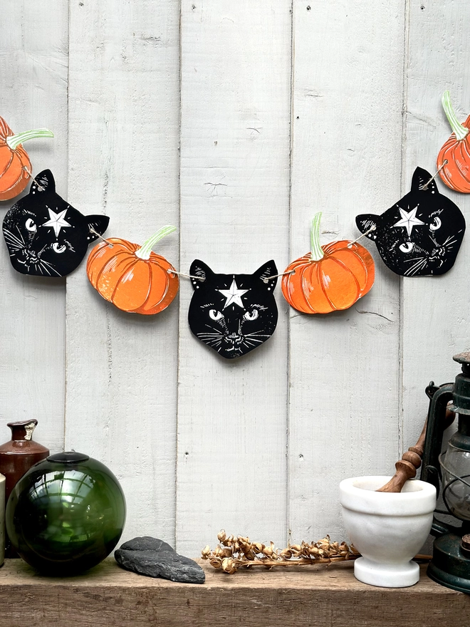 Black Cosmic Cat & Pumpkin Halloween Linocut Garland