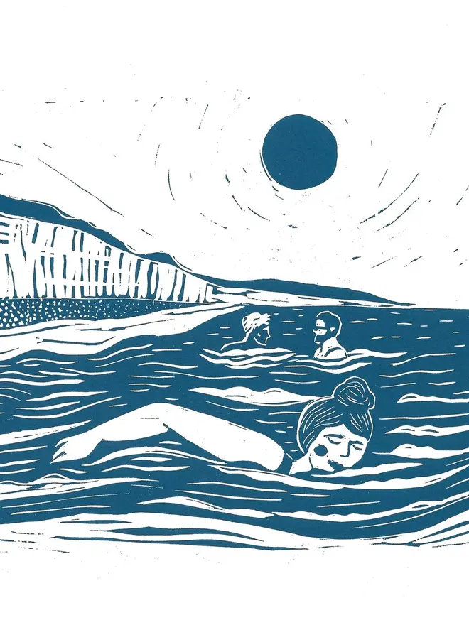 Swimmers At The Bay Linocut Print