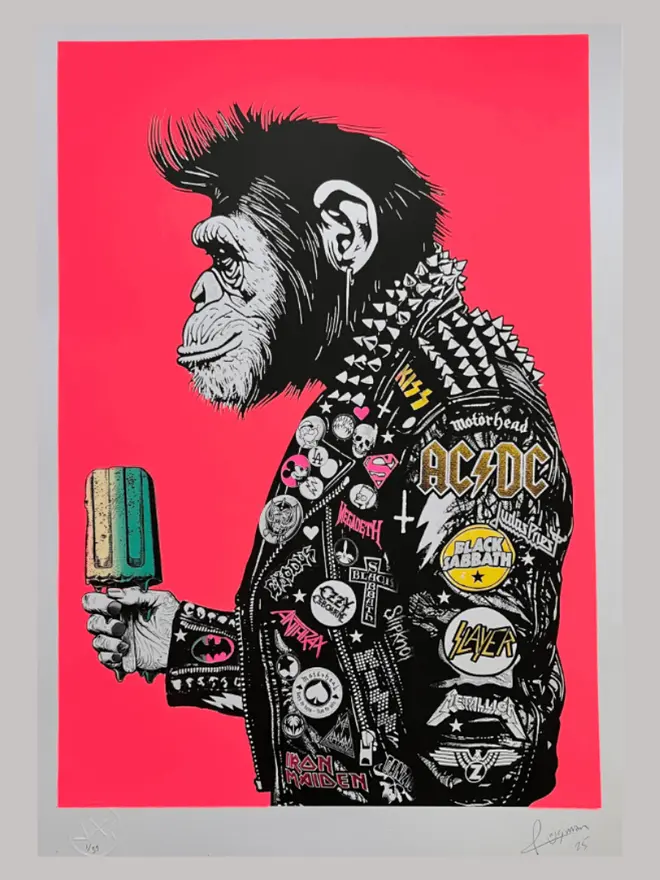 A side profile print of a metal monkey wearing a  punk leather jacket decorated with music band patches, holding an icecream against a neon pink background. 