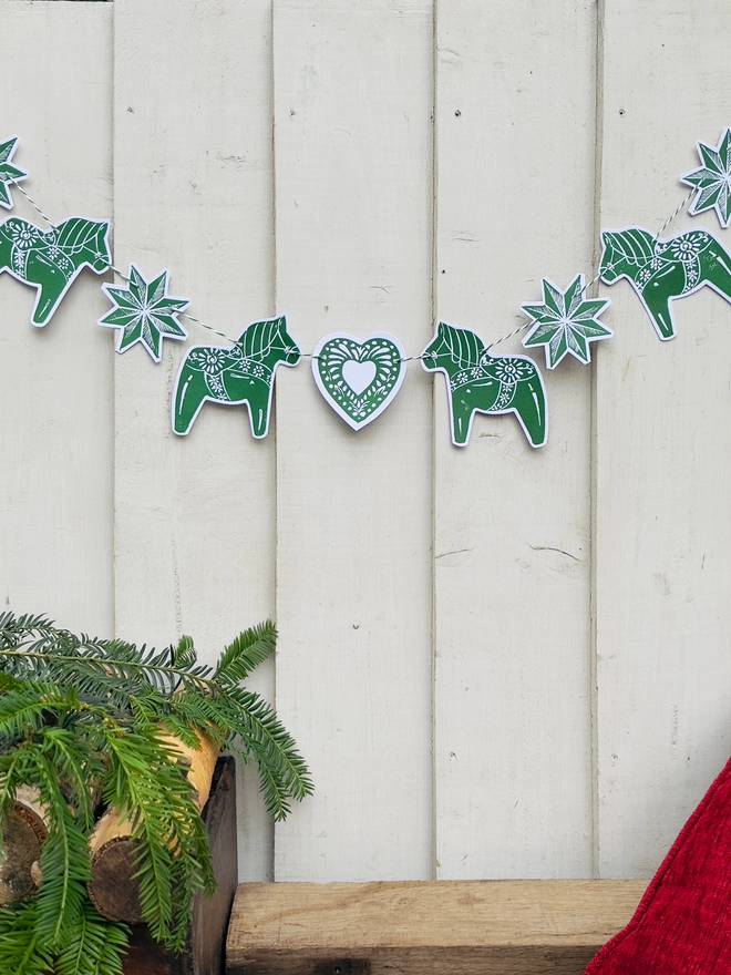 Traditional Nordic Dala Horse Christmas Linocut Garland