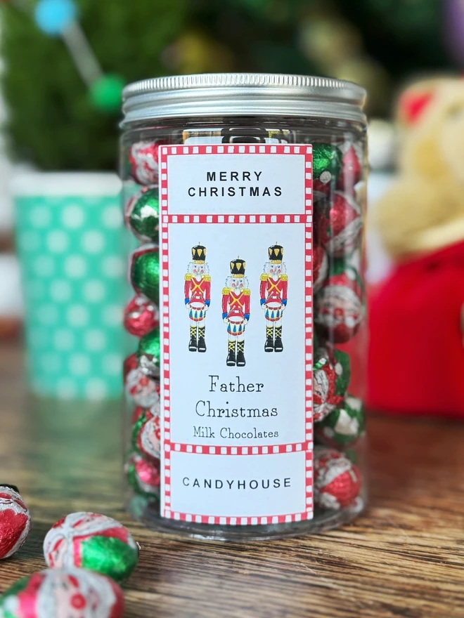 Tall Jar Candyhouse Milk Chocolate Christmas Gift Santa Snowman Pudding Crumbly Mints Candy Cane