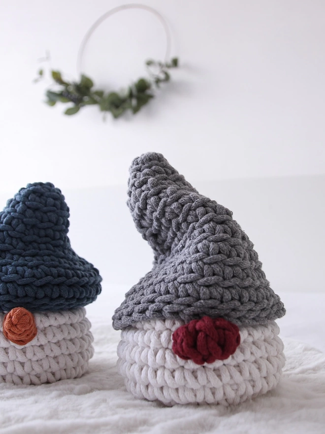 grey and white Christmas hand crochet gnome basket 