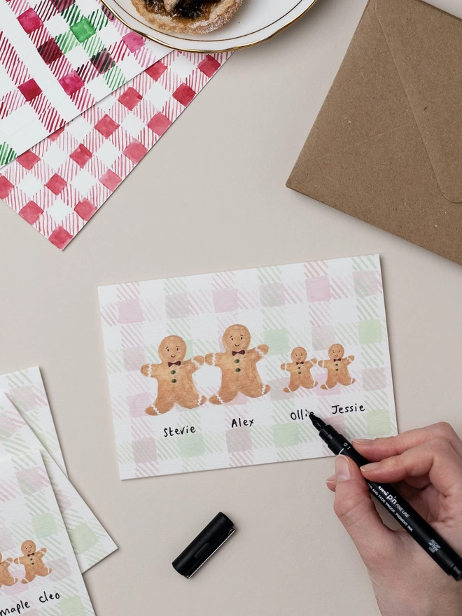 Hand written personalised Gingerbread Family of 4 Christmas Card