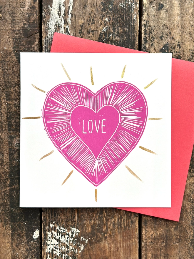 Love Heart Valentines Card Hand Printed Linocut With Gold 