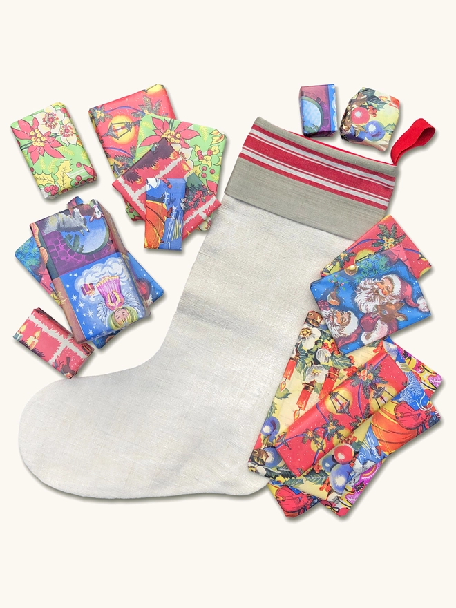 French linen christmas stocking with presents