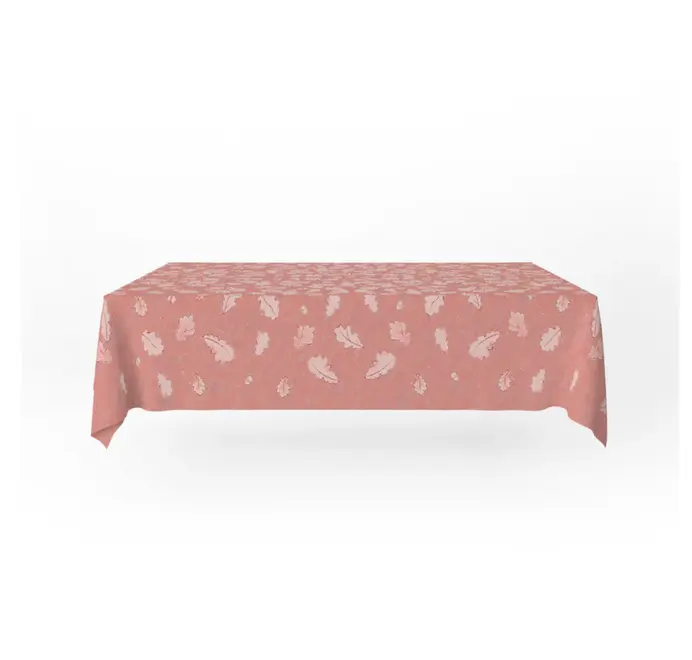Grace Oak Trees Pink Linen Tablecloth. Light Pink and white tablecloth with oak patterns displayed on a table on a white background. 
