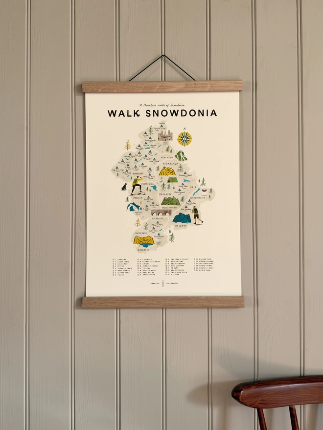 Walk Snowdonia map print, framed, on a wall