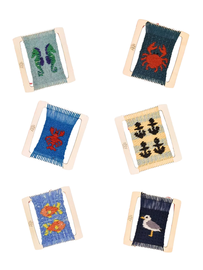 seaside weaving kit. six different seaside-inspired weave designs shown on looms, photographed on a white background.