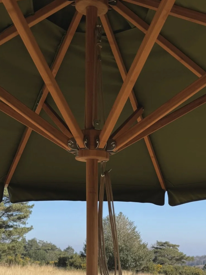 Parasol with Contrast Colour Trim. A parasol in olive green with blue trim