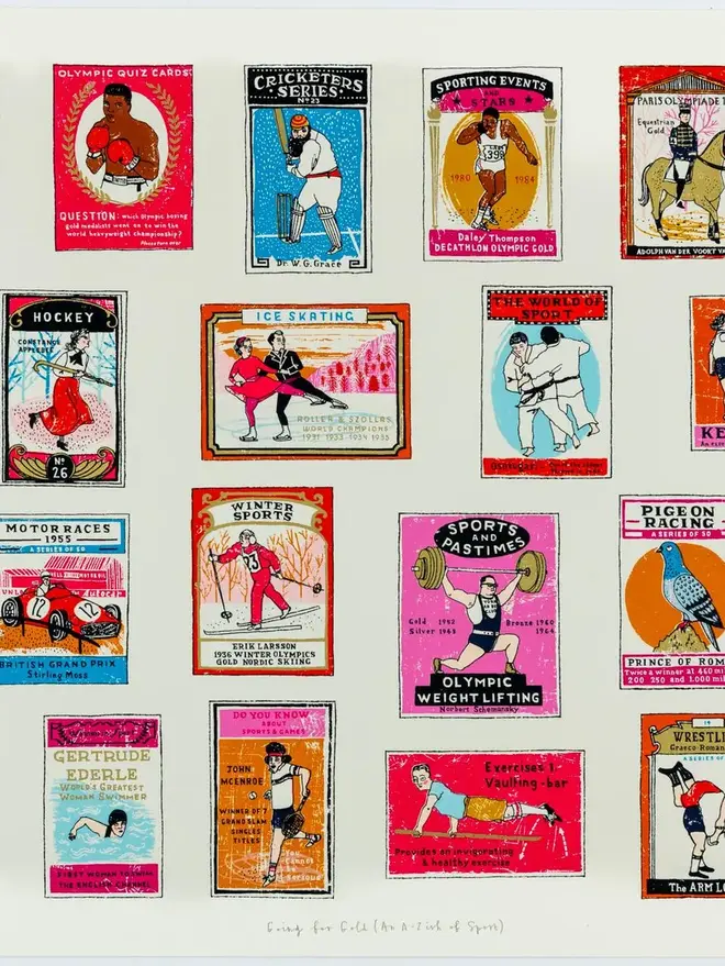 A To Z Of Sport Screenprint Going For Gold, a collection of colourful sport designs on a white screenprint. 