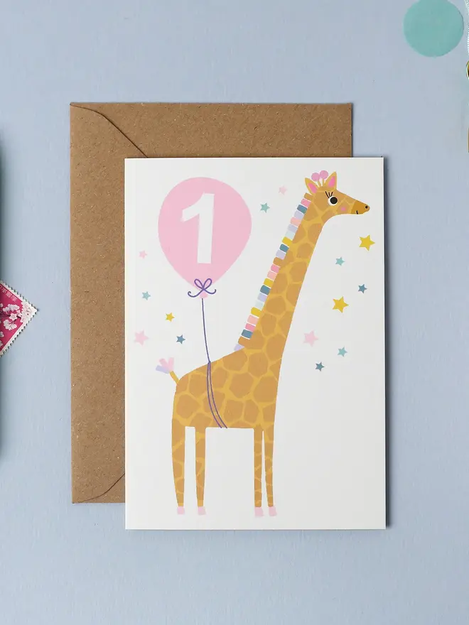 Giraffe Baby Age 1 Birthday Card