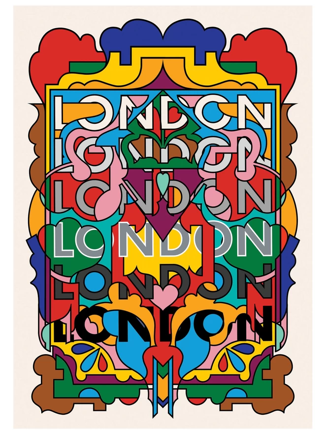 A vibrant, portrait print containing all the colours of the London Underground lines, with the word London repeated six times from top to bottom.