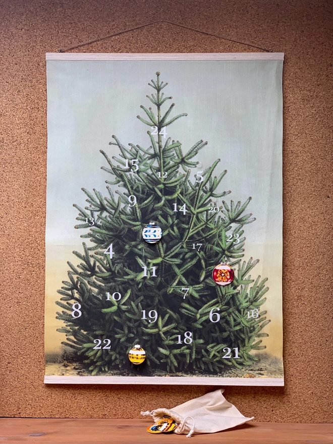 A traditional style Christmas tree printed as a wall hanging advent calendar