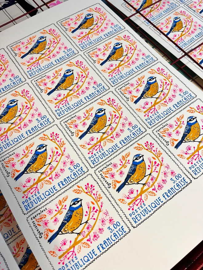 Bird Stamp Card Blue Tit/ French Stamp Card, a collection of cards with colourful bird designs in the centre on a studio table. 