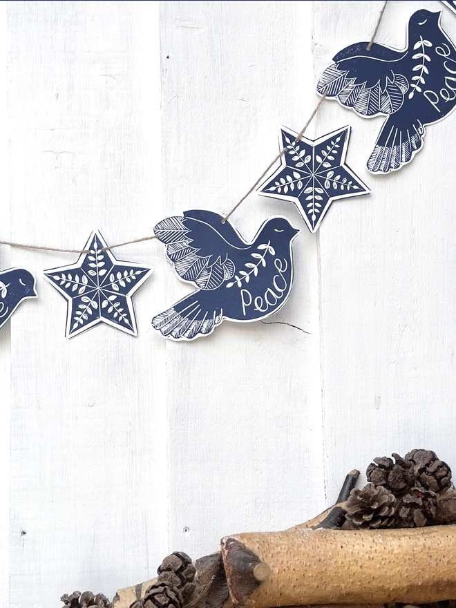 Dove Of Peace Hand Printed Linocut Scandi Style Garland With Folk Art Stars