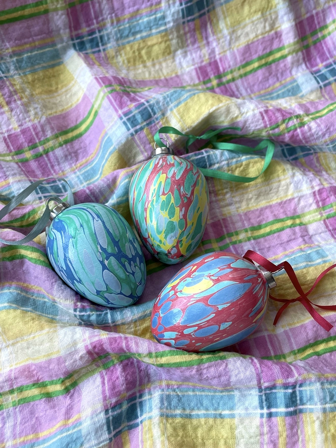 Hand-marbled ceramic hanging Easter eggs