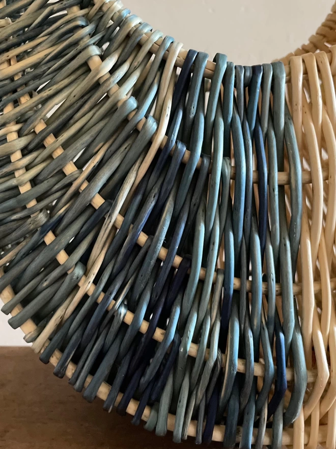 Ose willow basket gathering hen Skye Indigo blue white natural contemporary round oval traditional heritage handbag material handcrafted weave