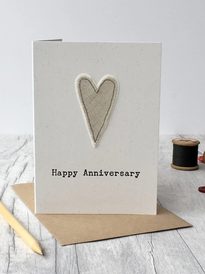 Embroidered linen heart anniversry card