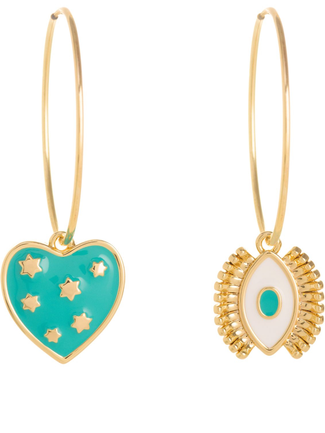 Gold hoop earrings with turquoise heart and turquoise evil eye charms