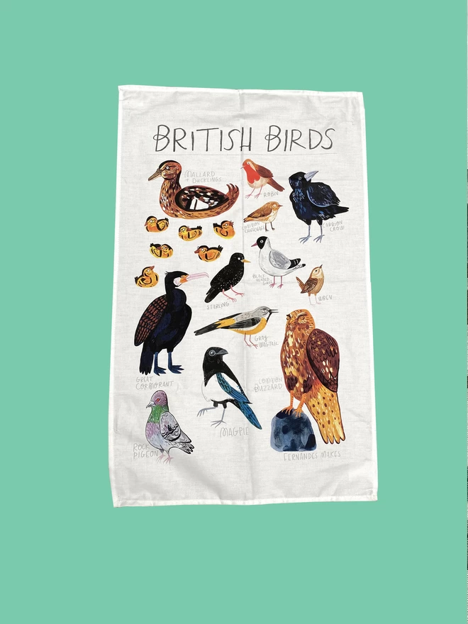 British Birds illustrated tea towel with over 12 varieties of birds digitally printed on cotton fabric