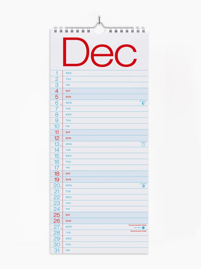 Wiro bound 2027 wall hanging calendar with blue and red graphics, in a simple graphic clear style, showing the month December
