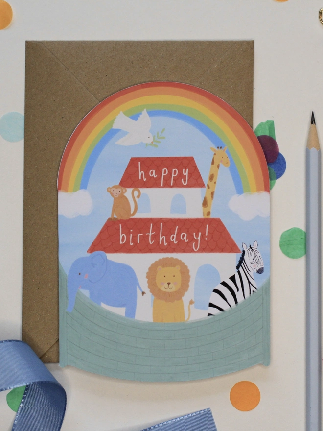 happy birthday colourful Noah's ark rocking card