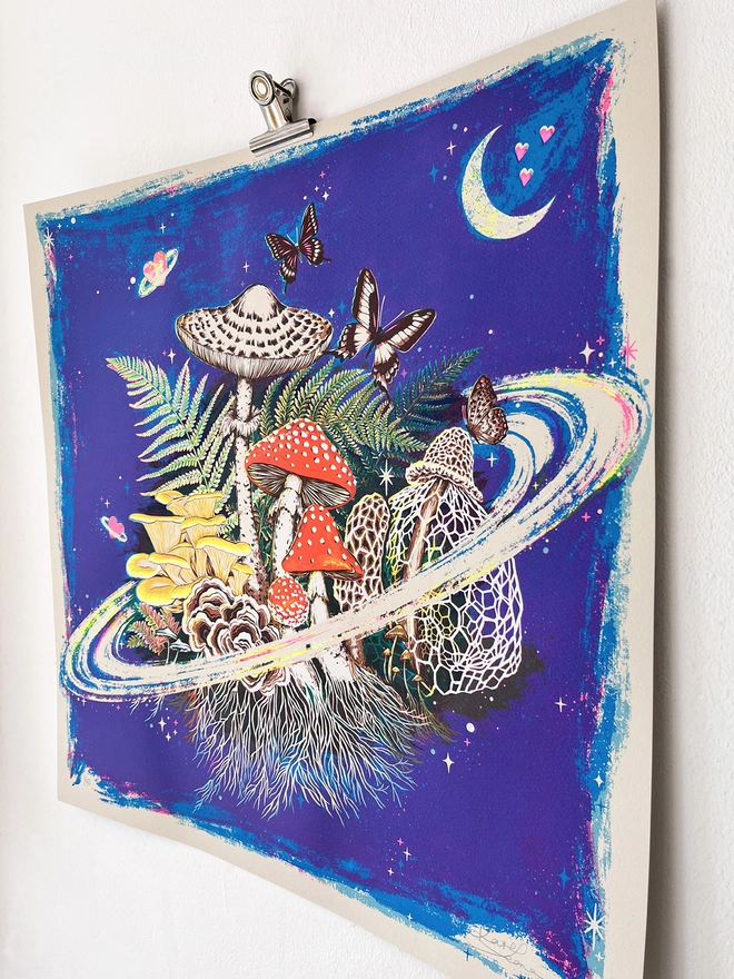 Planet o' Loveshrooms screenprint of mushroom mycelium by Kath Leone art