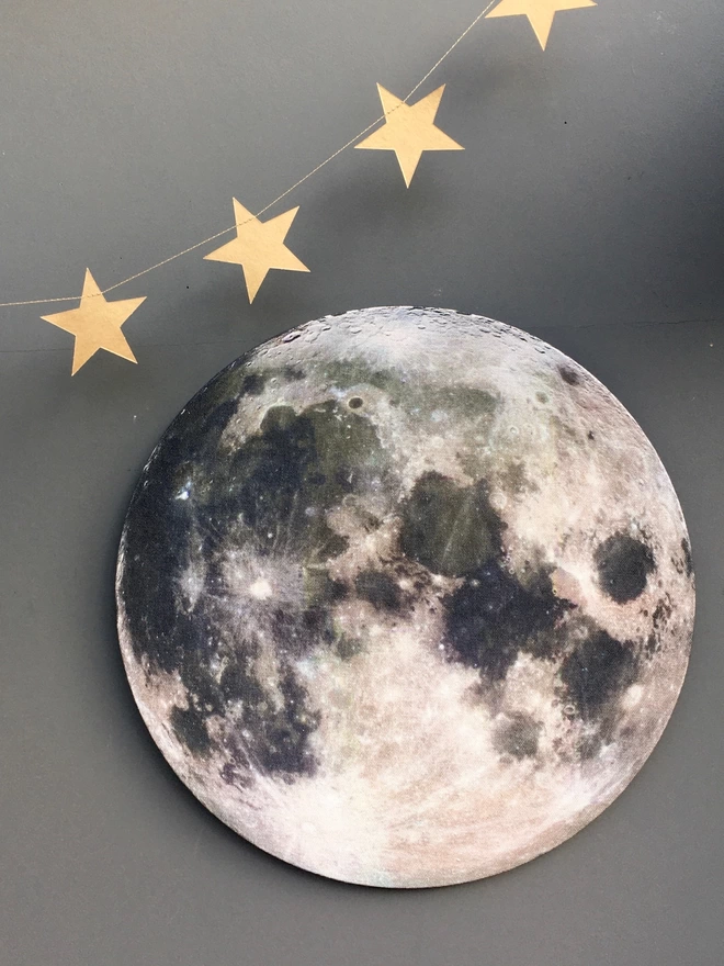 Full moon wall art on a grey background with gold stars