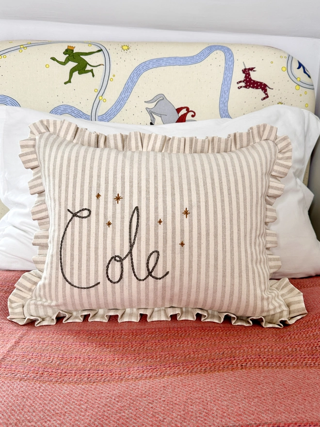 Personalised Cream Stripe Cushion with Frill