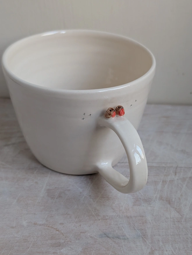 robin couple mug with a tiny pair of robin red breast birds on the cup handle and small bird prints on the white cup