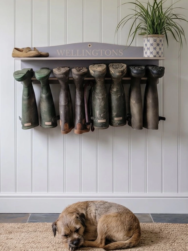 Grey wooden 4 pair welly rack with shelf