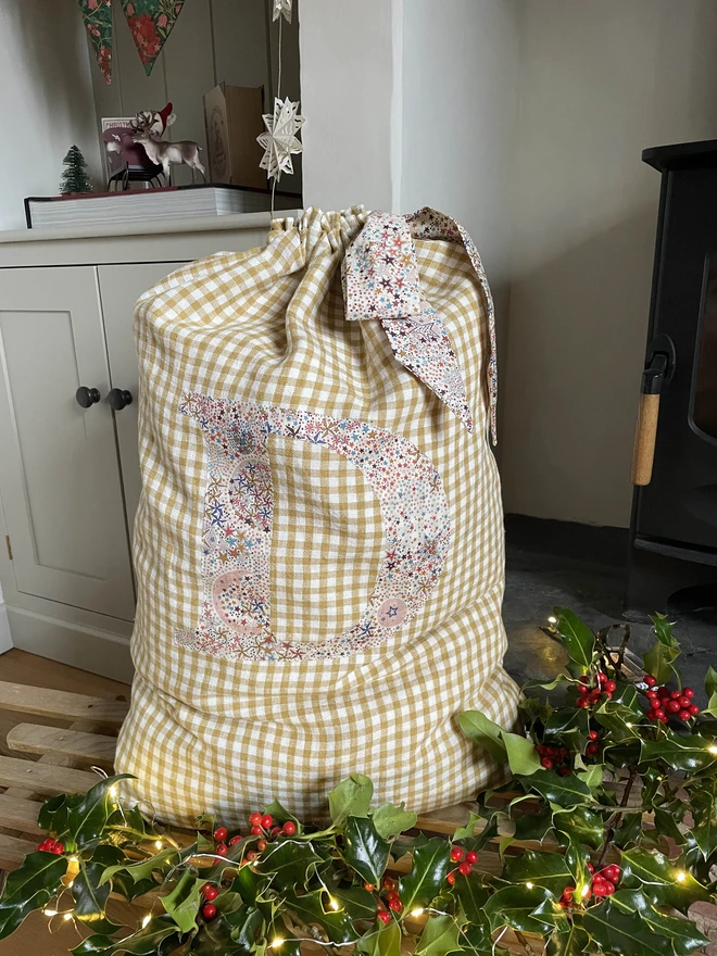Gold Gingham Linen Fabric Christmas Gift Sack with Liberty London Print Letter and Tie
