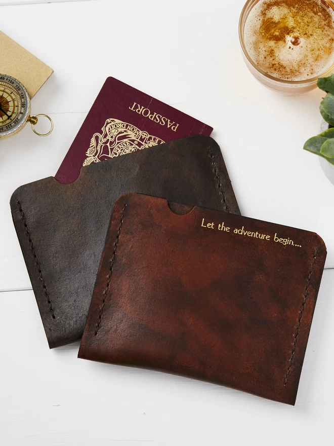 Brown and Mahogany passport holder. Personalised with gold lettering