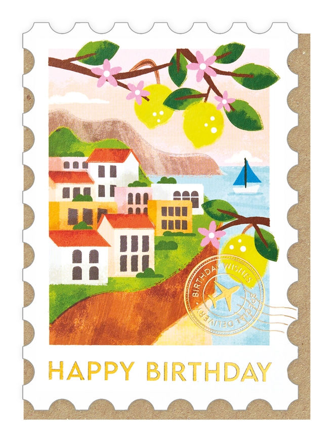 Italian Riviera stamp-shaped greeting card