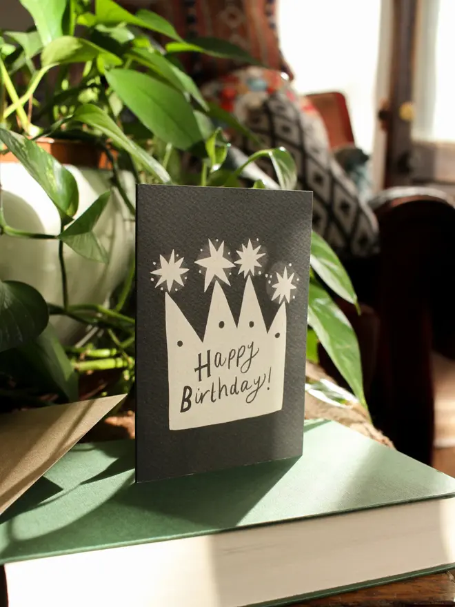 'Happy Birthday Crown' Birthday Card Black and cream card blank inside comes with a brown envelope 