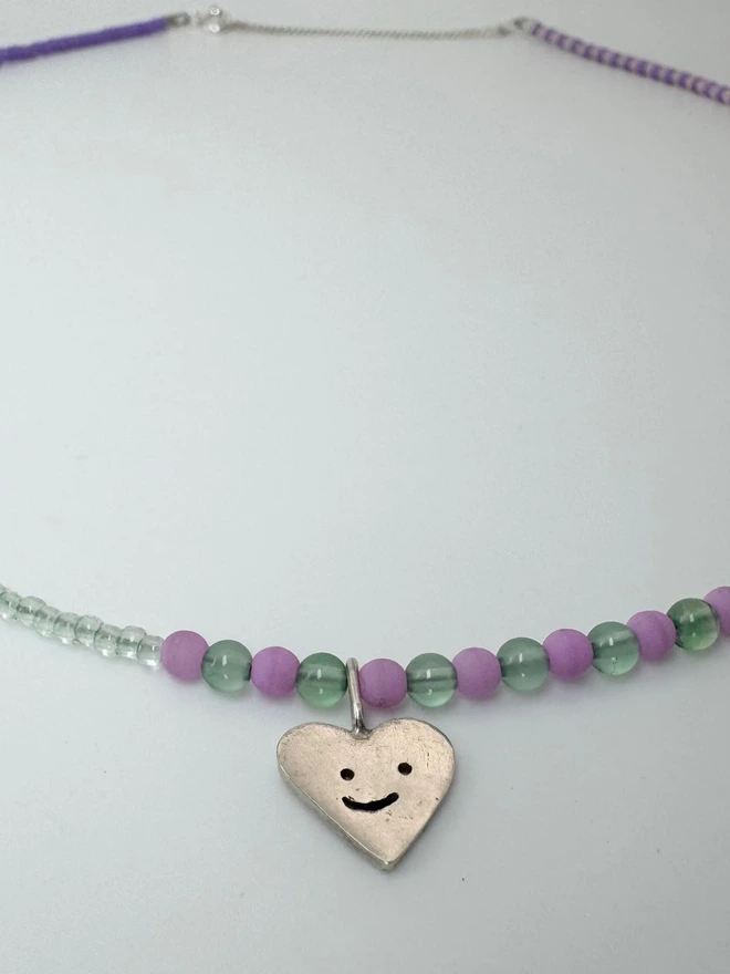 Beaded Heart Necklace, lilac beads Solid silver happy heart charm