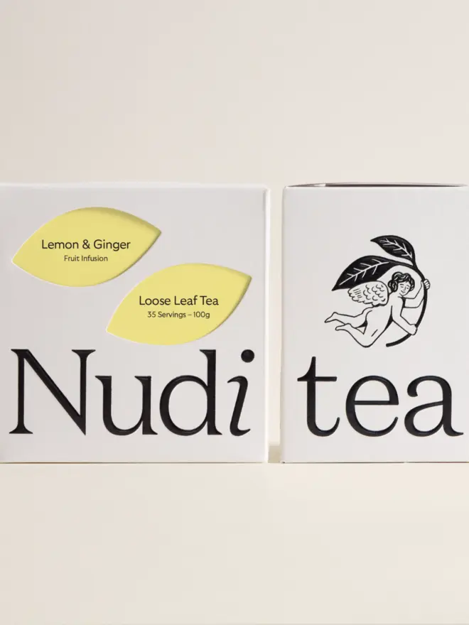 white box of ginger lemon tea with yellow design