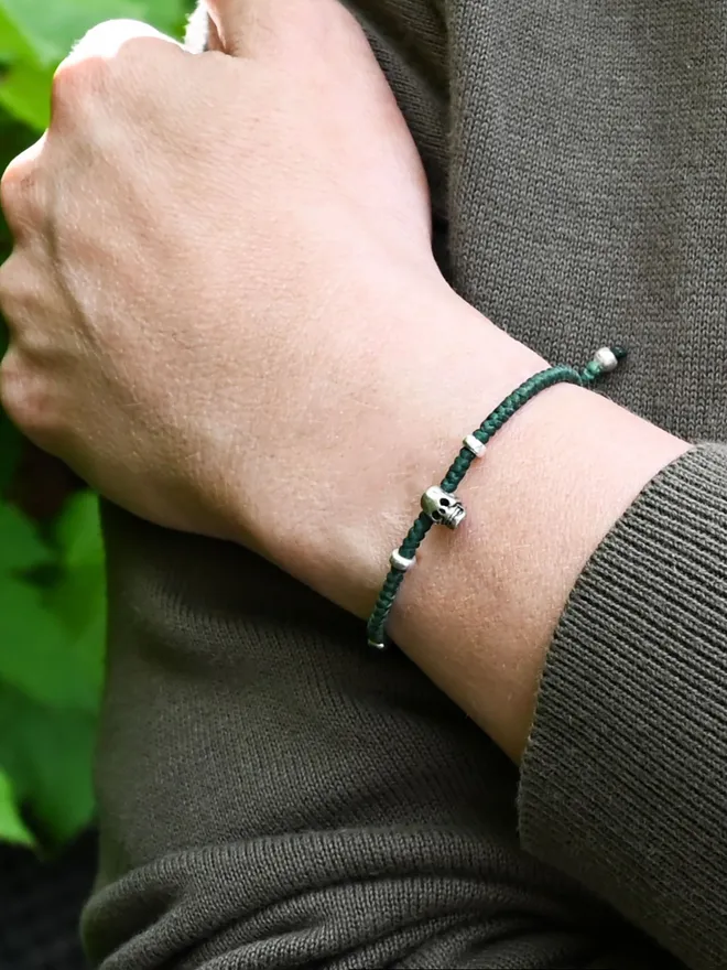women's green rope bracelet silver skull charm handmade jewellery London
