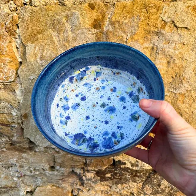 Shoreline Ramen Bowl, a person holding a colourful ramen bowl against a brick backdrop. 