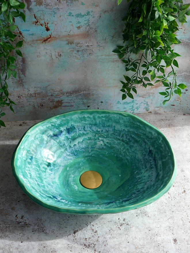 ceramic bathroom basin, unique bathroom basin, handcrafted bathroom basin, handmade bathroom basin, handmade sink, handcrafted sink, bespoke, basin, bespoke sink, green sink, green basin, Jenny Hopps Pottery, sculptural basin, sculptural sink, luxury bathroom basin