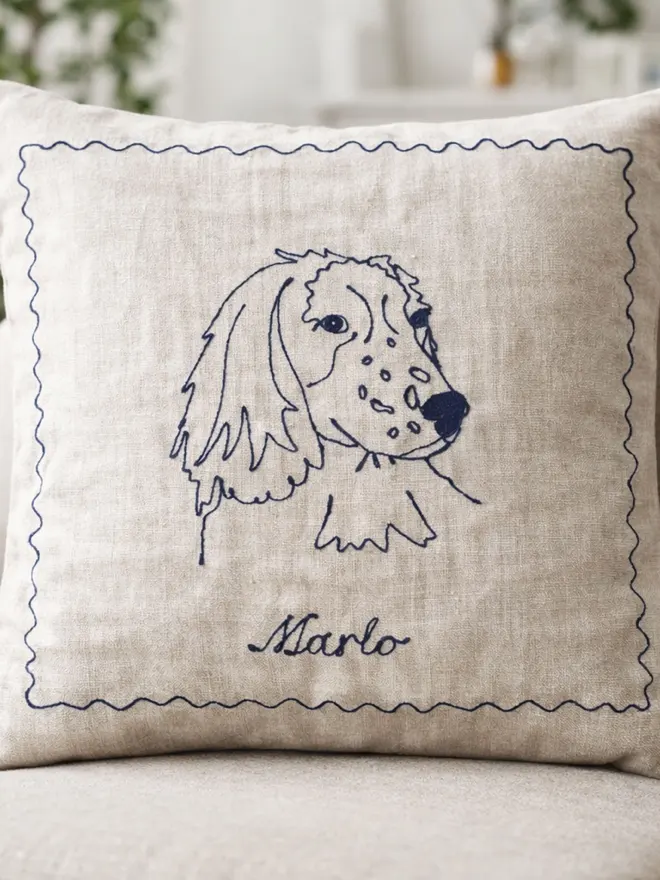 linen pillow with embroidered dog pet springer spaniel