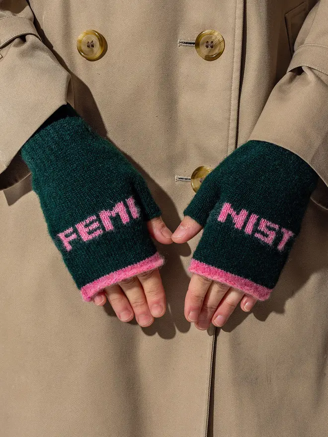 Feminist Mittens - Main - Forest Green Trim - French Rose Wording - French Rose