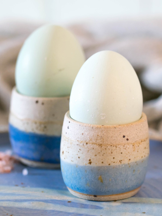 Blue Ceramic Egg Cups and Plate