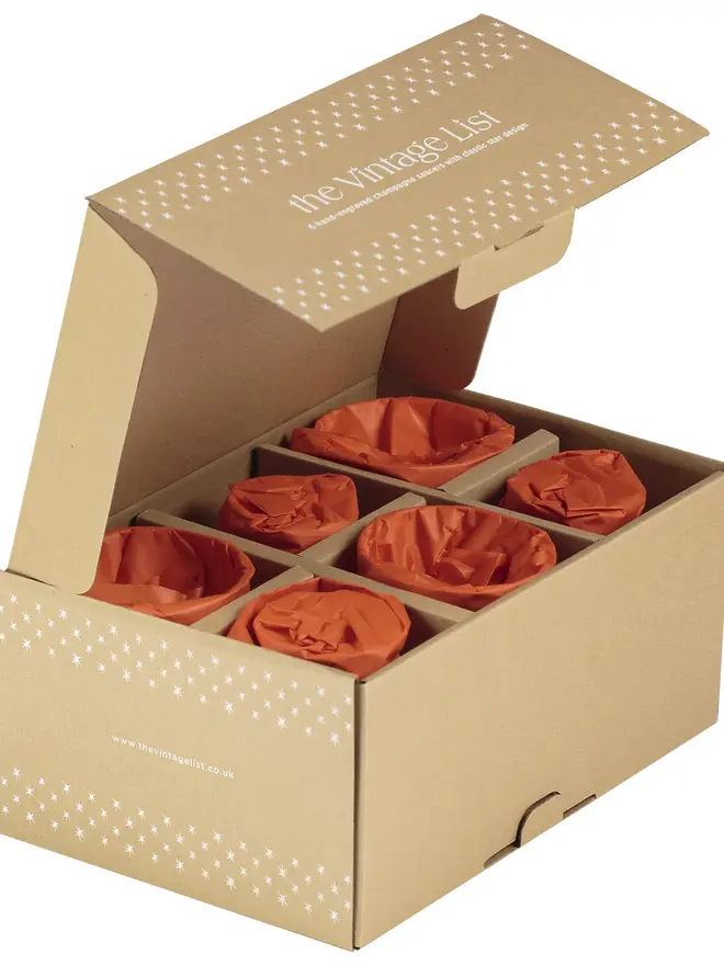 engraved stars crystal wine glass. a cardboard box with sections showing wine glass packaging.