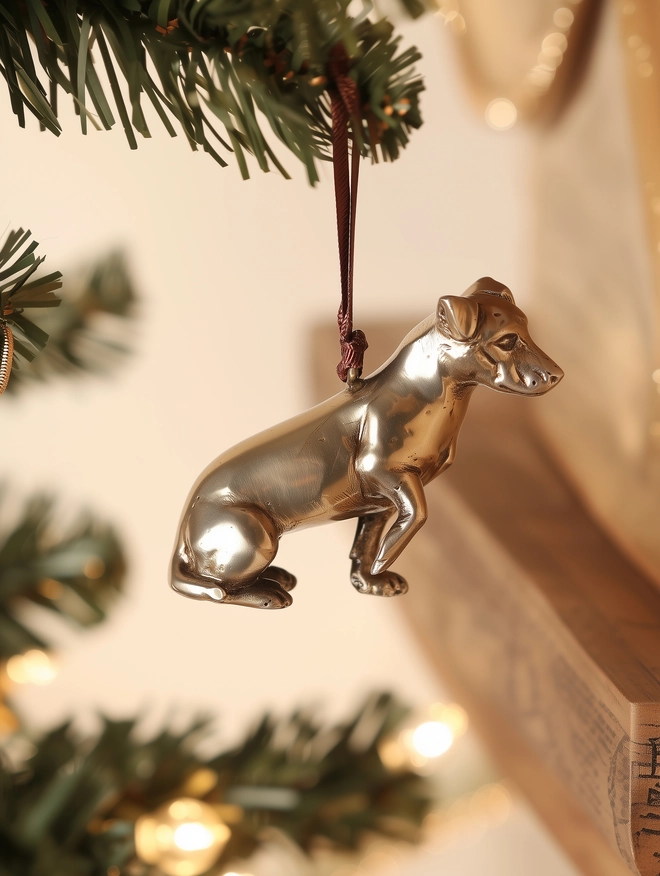 Jack Russell Christmas decoration hanging from tree