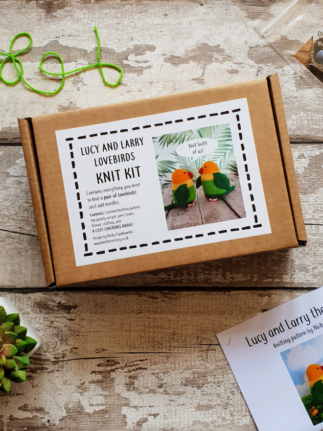 lovebird knitting kit in a gift box designed by Nicky Stewart