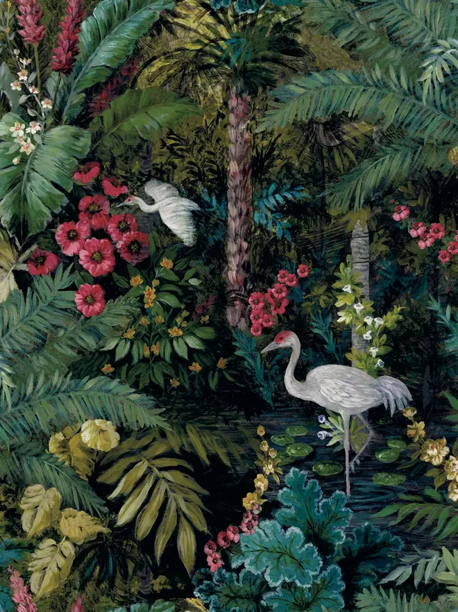Charcoal Flight of the Cranes wallpaper with cranes, flowers and dark tropical foliage