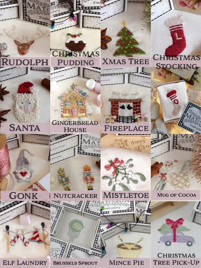 Showing each Christmas Matchbox design.  L-R, top-bottom.  Rudolph, Pudding, Tree, Red Stocking, Santa. Gingerbread House, Fireplace, Taupe Stocking, Gonk, 2 Nutcrackers, Mistletoe,  Mug of Cocoa, Elf Laundry, Brussels Sprout, Mince Pie, Tree Pick-Up (tree on car roof).