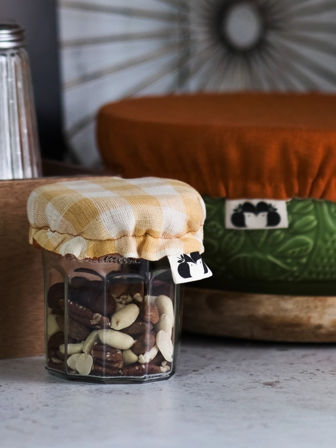 Reusable linen bowl covers cottagecore style in gingham